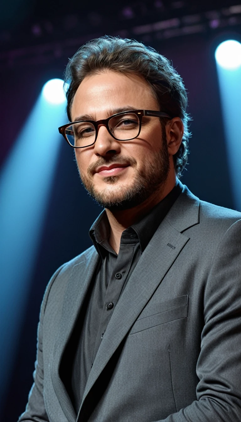 ((Top Quality)), ((Photorealistic)), a man wearing glasses, musician, on the stage