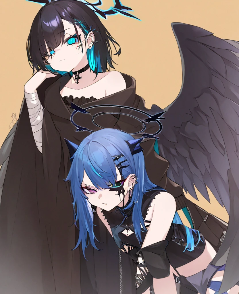 Make me a fallen angel girl. Big black angel wings and black halo. Left eye is purple with slit pupil, and right eye is yellow with a cross pupil. She's missing her left arm, which is wrapped in a bandage. Short, spiky dark blue hair that is teal underneath, the left side being longer and draping over her shoulder. Bridge nose piercing, a lip piercing under her bottom lip, on the left. A scar on her right cheek and many ear piercings, including helix. She wears a dark, gothic outfit. Dull and blank expression, surronded by blue flames. Only one person per photo.