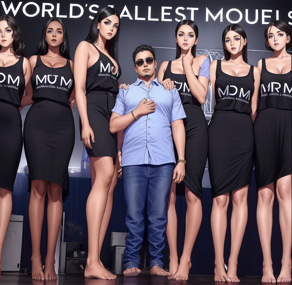 Three tall girls on the lfe left, three tall girls in the right, short man in the middle, the girls are much taller than the man, girls have big and cleavage, girls are wearing black, man is wearing blue shirt, girls are standing barefoot, man is wearing shoes,