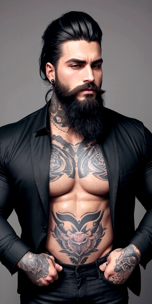 Name of one meter and 80 strong muscular tattooed wearing a black dress shirt and jeans and he also wears a black jacket and has his hair in a low dress cut and a common beard