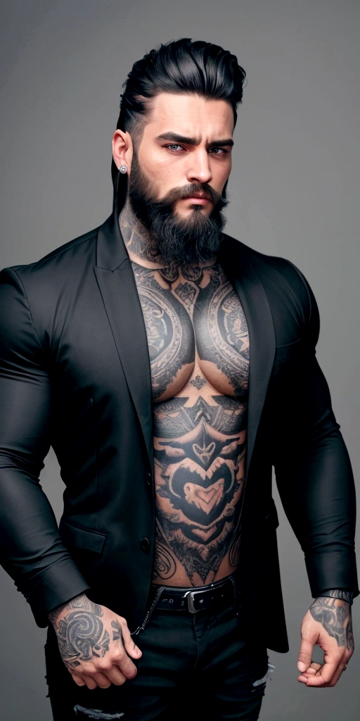 Name of one meter and 80 strong muscular tattooed wearing a black dress shirt and jeans and he also wears a black jacket and has his hair in a low dress cut and a common beard