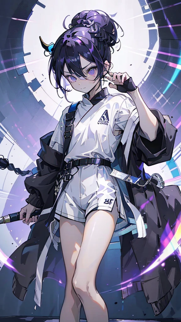 boy, thoughtful look, open forehead, black and purple hair braided into a ponytail on the left side in a bun. small curly black horns wrapped in white ribbon, pale violet eyes, short dark purple shorts. Long white t-shirt. dark purple knee socks. dark purple hooded robe, with a pattern of gold circles and a white robe on the inside. dark corridor with stairs, rays of light fall from above