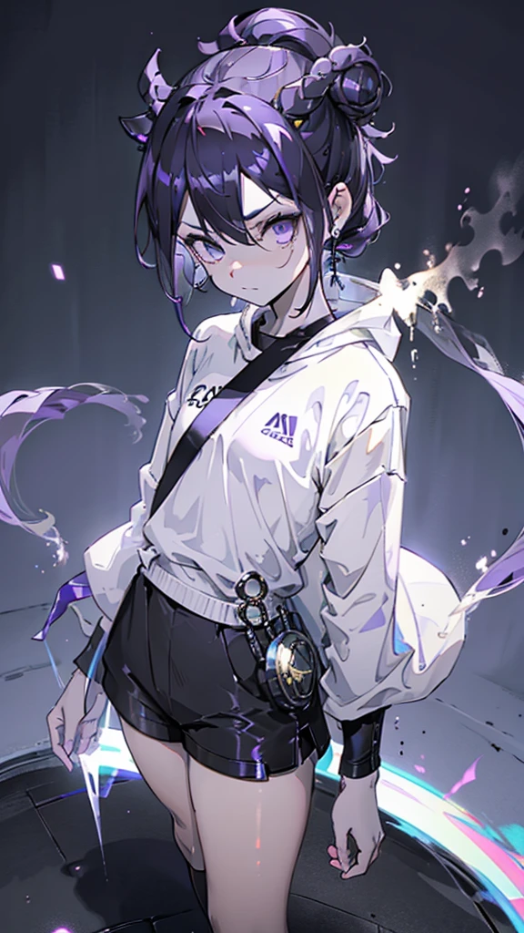 boy, thoughtful look, open forehead, black and purple hair braided into a ponytail on the left side in a bun. small curly black horns wrapped in white ribbon, pale violet eyes, short dark purple shorts. Long white t-shirt. dark purple knee socks. dark purple hooded robe, with a pattern of gold circles and a white robe on the inside. dark corridor with stairs, rays of light fall from above