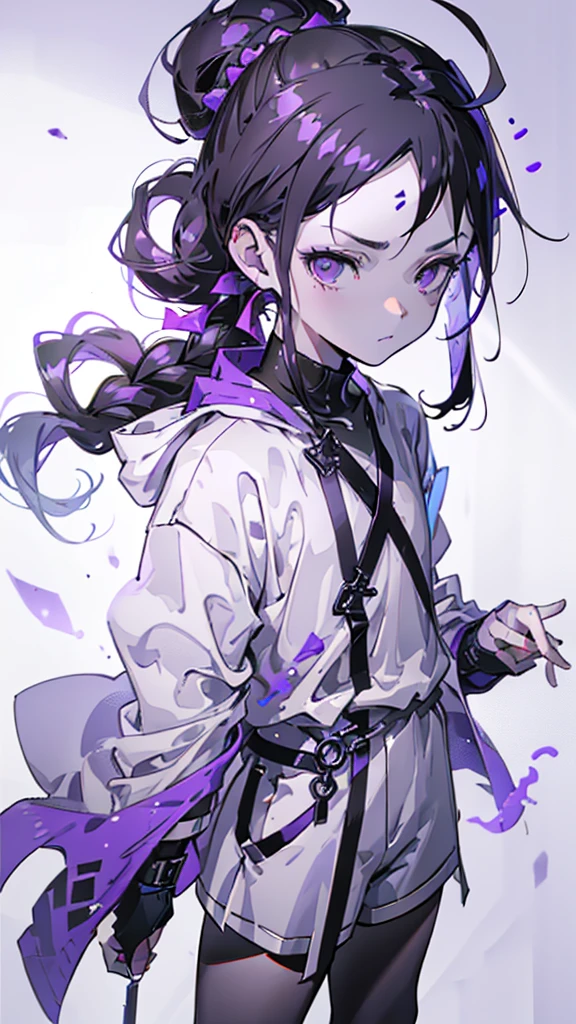 boy, thoughtful look, open forehead, black and purple hair braided into a ponytail on the left side in a bun. small curly black horns wrapped in white ribbon, pale violet eyes, short dark purple shorts. Long white t-shirt. dark purple knee socks. dark purple hooded robe, with a pattern of gold circles and a white robe on the inside. dark corridor with stairs, rays of light fall from above