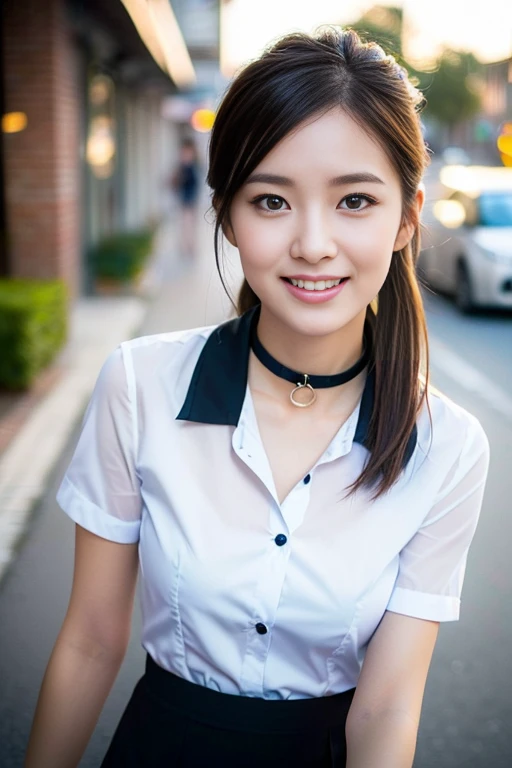 (A gorgeous Japanese office lady, 22, wearing formal office attire, short-sleeve white shirt with collar and buttons, grey pencil mini-skirt, walking in town at midnight, friendly and kind expression, gentle smile, dimpled chin, cute snaggle-tooth, short hair ponytail, symmetrical face, beautiful detailed face, bright_and_full_of_warmth_eyes, detailed eyes, ample round bosom, photorealistic, hyper-realism, high contrast, ultra HD, realistic skin textures, top image quality, top-quality, super high resolution, fine details, very meticulously, masterpiece, head to knees, the Cowboy shot, romantic atmosphere, bokeh night background)
