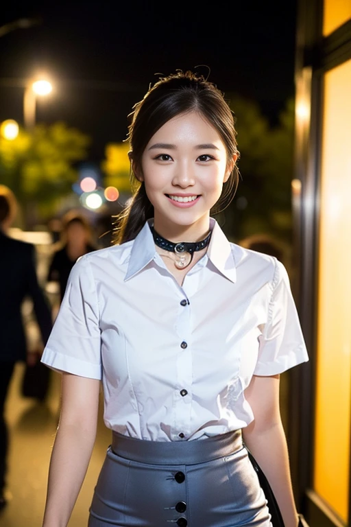(A gorgeous Japanese office lady, age 22, wearing formal office attire, short-sleeve white shirt with collar and buttons, grey pencil mini-skirt, walking in town at midnight, friendly and kind expression, gentle smile, dimpled chin, cute snaggle-tooth, short hair ponytail, symmetrical face, beautiful detailed face, bright_and_full_of_warmth_eyes, detailed eyes, ample round bosom, photorealistic, hyper-realism, high contrast, ultra HD, realistic skin textures, top image quality, top-quality, super high resolution, fine details, very meticulously, masterpiece, head to knees, the Cowboy shot, romantic atmosphere, bokeh night background)