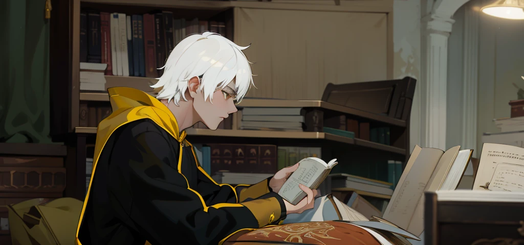 19-year-old man with white hair and yellow eyes, he has a black tunic, he is reading an old book, behind him you can see an old library.