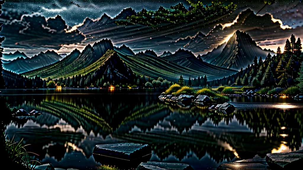 a peaceful dark landscape, calm lake with rocks and mountains, (best quality,4k,8k,highres,masterpiece:1.2),ultra-detailed,(realistic,photorealistic,photo-realistic:1.37),dramatic lighting, moody atmosphere, serene, tranquil, atmospheric, cinematic, mountains silhouetted against a starry night sky, still water reflecting the sky, jagged rocks along the shore, lush greenery surrounding the lake, (cinematic lighting:1.2),(dramatic shadows:1.1),muted color palette, deep blues and purples
