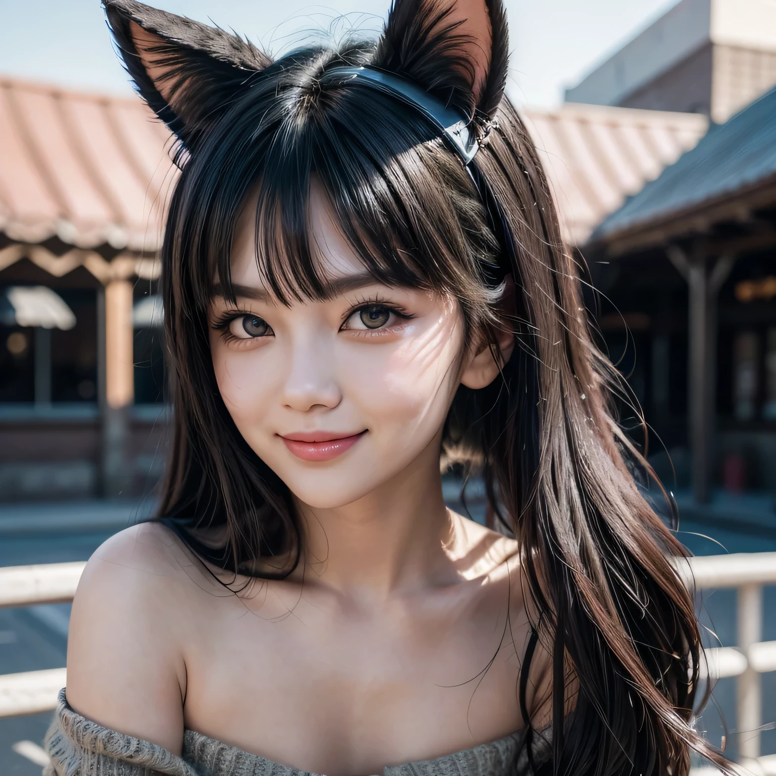 black hair, hair bobbles, wince, longeyelashes, solid circle eyes, fake animal ears, light smile, ear blush, fang, ccurate, Surrealism, drop shadow, anaglyph, stereogram, tachi-e, pov, atmospheric perspective, 8k, super detail, best quality, UHD