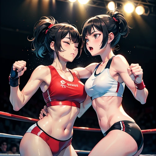 Very intense battle。Boxing in the ring。Dynamic punch exchange。Two young and cute Japanese female heavyweight idol boxers in a daze。Sweating a lot。One eye closed, out of breath。Drooling。Short black hair。Boxing gloves。Sports Bra。High leg panties。