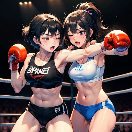 Very intense battle。Boxing in the ring。Dynamic punch exchange。Two young and cute Japanese female heavyweight idol boxers in a daze。Sweating a lot。One eye closed, out of breath。Drooling。Short black hair。Boxing gloves。Sports Bra。High leg panties。