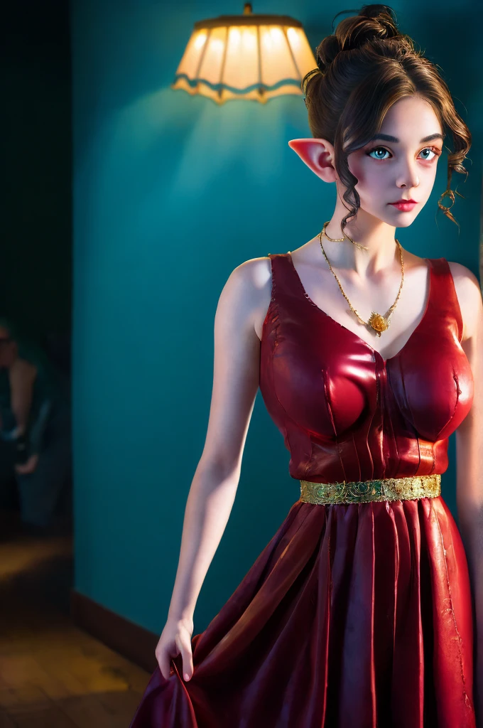 (Realisttic:1.2), analog photo style, (cute goblin wooman looking like elf, intensed red eyes, surrounded by a gloomy antique setting), (her full body s a visual pleasure), faint smile, soft shading expresses beautiful skin texture, silk material, elegant dress, Graceful curve from ankle to toe, leather pumps, light reflection on the floor, ornate embroidery and embellishments, an elegant necklace, thin bracelets on the wrist, rich and lustrous hair, three dimensional effect, gloomy dark atmosphere, play of light in the sun rays, a delicate balance between beauty and darkness, faded colours, great quality, Masterpiece, intricate fantasy background, naturally cinematic light, 16k quality, HDR, RAW photo