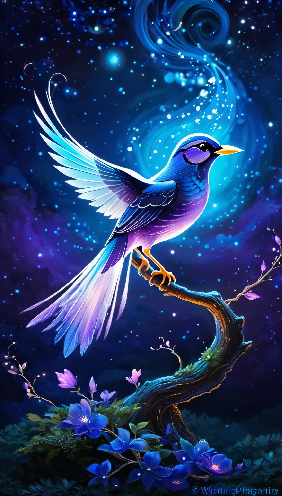 Create an ethereal, glowing bird with luminescent feathers in shades of blue, purple, and white, perched on a delicate, swirling branch. The bird should have an otherworldly glow, with light emanating from its body and wings, giving it a magical, celestial appearance. Surround the bird with a dreamy, cosmic background featuring vibrant colors such as deep blues, purples, and oranges. Incorporate swirling, wispy clouds and light trails that give a sense of motion and fantasy. Add subtle sparkles and glowing orbs to enhance the mystical atmosphere. The overall composition should be whimsical, enchanting, and filled with a sense of wonder and tranquility.