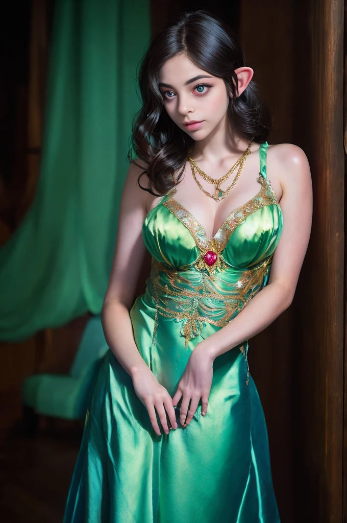 Margaery Tyrell has thick, softly curling brown hair and large brown eyes. She has a slender but womanly figure with smooth and unblemished pale skin and small breasts. Margaery is fair and lively, with a shy and sweet smile. She is regarded as beautiful. Margaery's attire includes a medieval gown of ivory silk, lace, and seed pearls. She also wears green with a cloak of autumn flowers and a pale green medieval gown with a tight-laced bodice that bares her shoulders and the top of her bosom