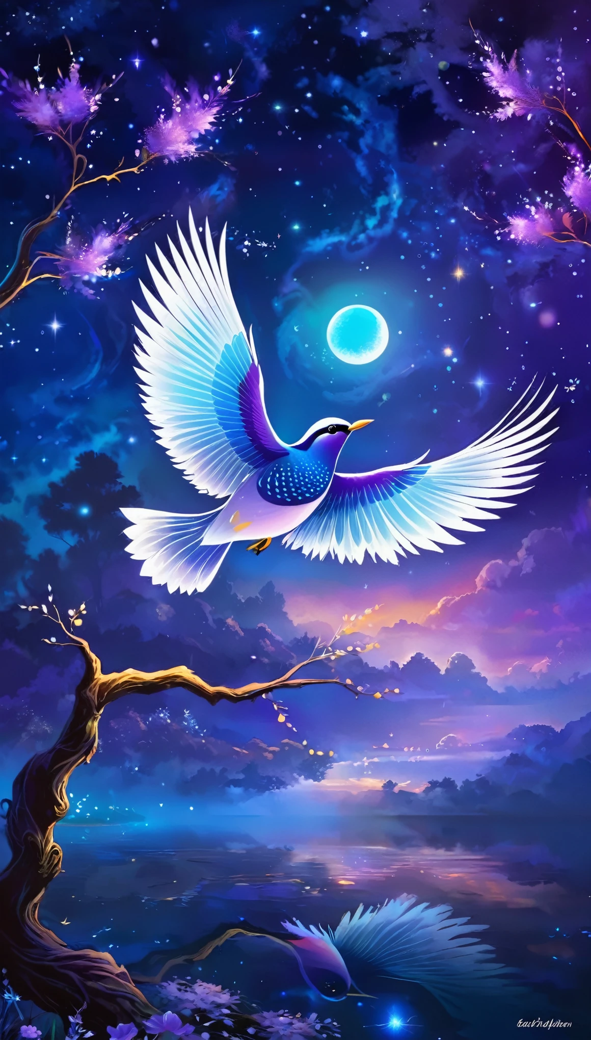 Create an ethereal, glowing bird with luminescent feathers in shades of blue, purple, and white, perched on a delicate, swirling branch. The bird should have an otherworldly glow, with light emanating from its body and wings, giving it a magical, celestial appearance. Surround the bird with a dreamy, cosmic background featuring vibrant colors such as deep blues, purples, and oranges. Incorporate swirling, wispy clouds and light trails that give a sense of motion and fantasy. Add subtle sparkles and glowing orbs to enhance the mystical atmosphere. The overall composition should be whimsical, enchanting, and filled with a sense of wonder and tranquility.