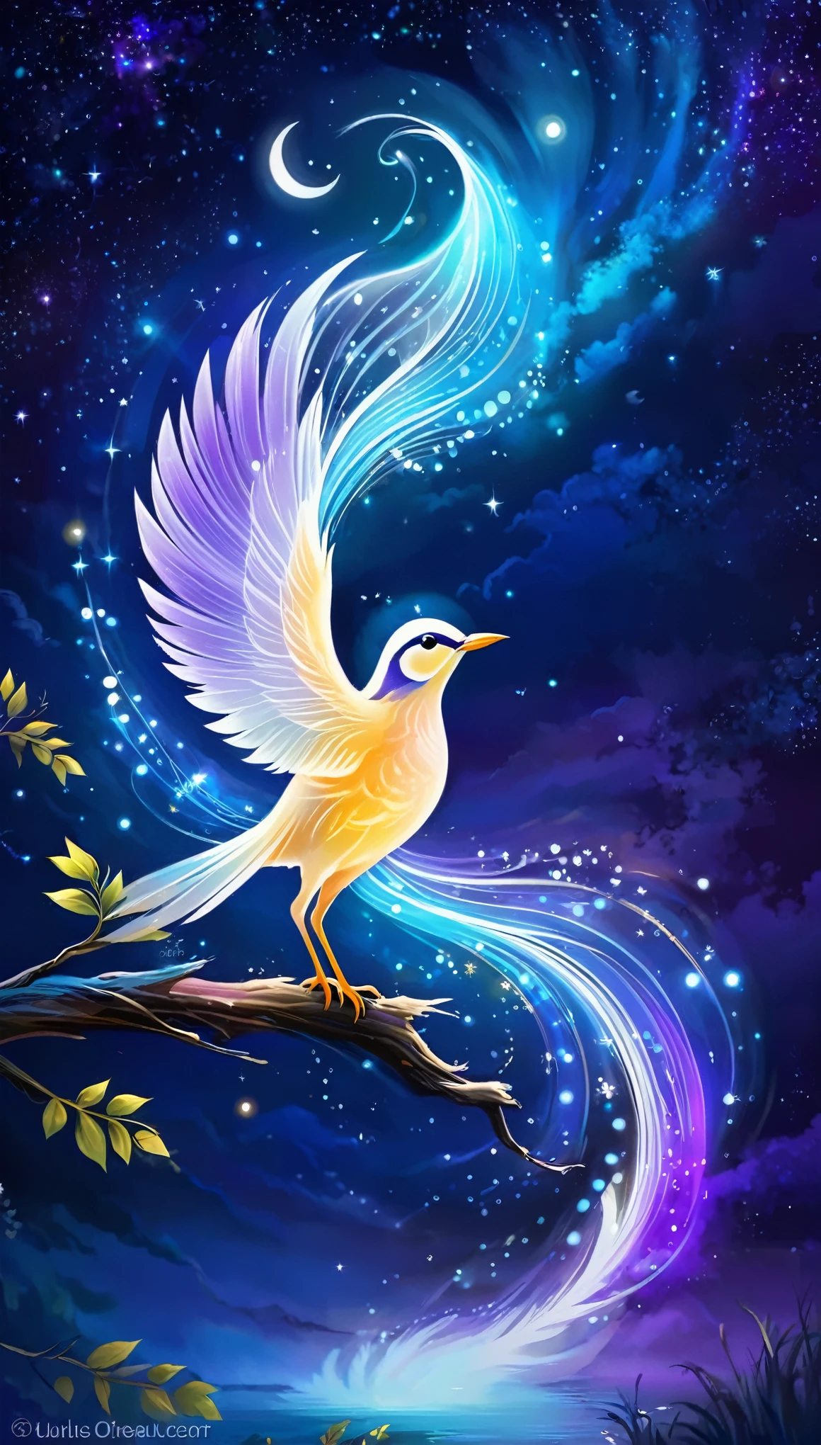 Create an ethereal, glowing bird with luminescent feathers in shades of blue, purple, and white, perched on a delicate, swirling branch. The bird should have an otherworldly glow, with light emanating from its body and wings, giving it a magical, celestial appearance. Surround the bird with a dreamy, cosmic background featuring vibrant colors such as deep blues, purples, and oranges. Incorporate swirling, wispy clouds and light trails that give a sense of motion and fantasy. Add subtle sparkles and glowing orbs to enhance the mystical atmosphere. The overall composition should be whimsical, enchanting, and filled with a sense of wonder and tranquility.