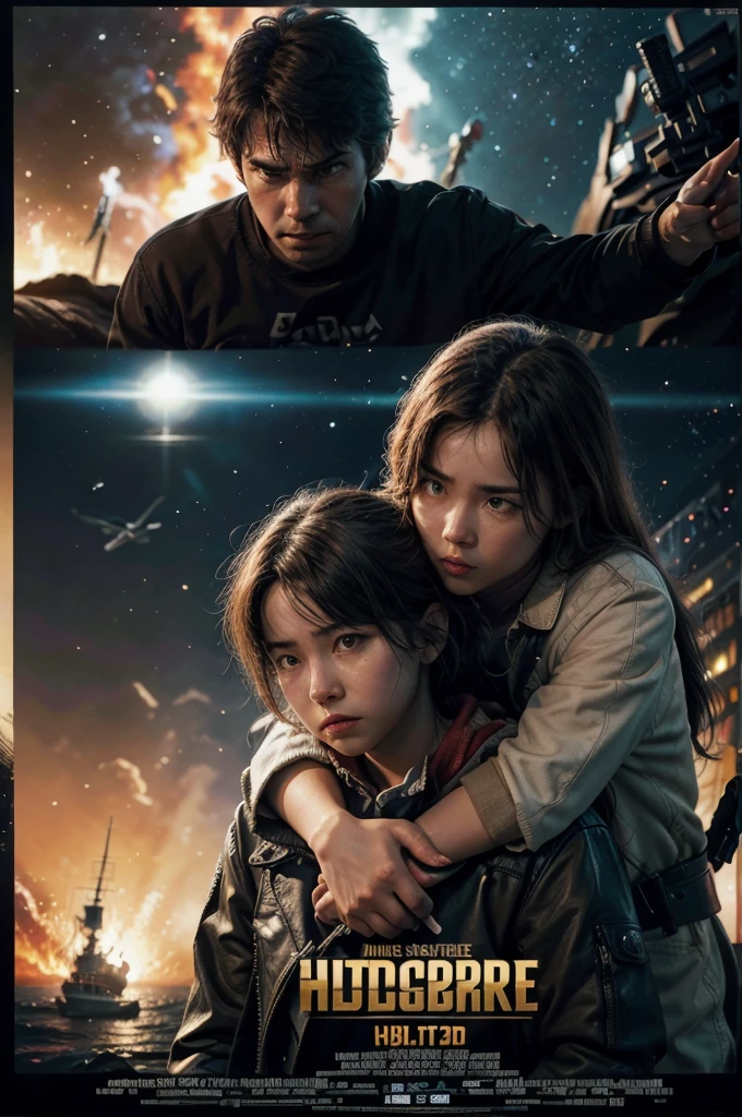 masterpiece in 8k, action movie poster, futuristic genre, the protagonist hugs a girl, in the background a ship, explosions, A planet, in front the title of the movie