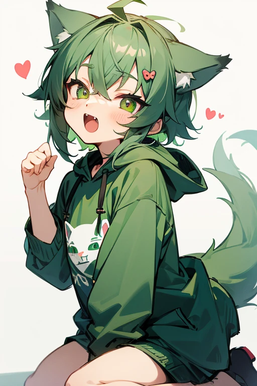 Illustration style cuteness,shota,Wolf,Eyes are hearts,green,Cute face,Open your mouth,Cat Pose,Double teeth,hoodie,