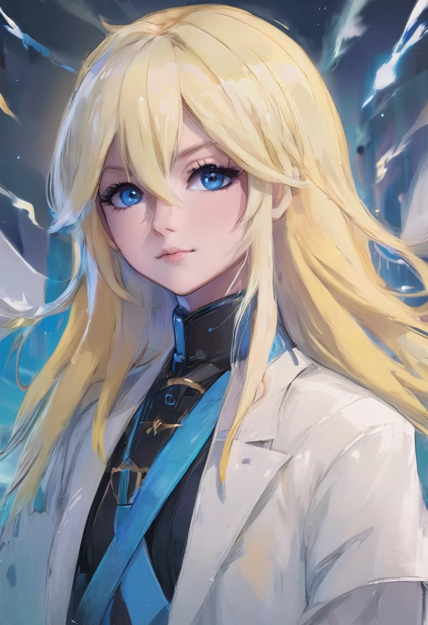 Seraphim,((male)), adult male, fluffy shoulder-length hair, white platinum blonde, ((heterochromia)), ((One eye — yellow)),((other eye — blue)), ((long square face)), thin lips, ((two strands of different shades of blue and yellow)), ((tired eyes with small bruises)),((scar along the face from lip to middle of cheek)), ((ultra quality)), ((8k)), detailed,Realistic, ((realistic style))