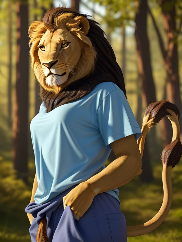 Posing, Female, 25 years old, cute, eyeliner, dreadlock hair, biting lip smile, blue shirt, bedroom eyes, anthro, lion ears, (white fur:1.5), baggy shirt, lion, forest background, 8k, hi res, (best quality, masterpiece), red eyes, (lion tail:1.5)