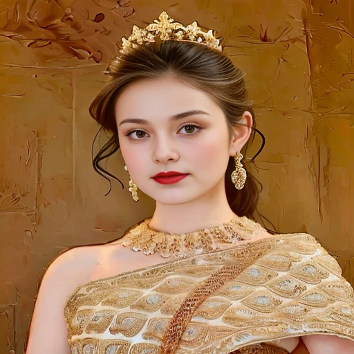 Aarav woman in a gold dress, with a gold crown and a gold necklace., Dilraba Dilmurat, Beautiful Fantasy Empress, traditional beauty, beautiful female princess, Southeast Asia that has existed for a long time, ((Beautiful Fantasy Empress)), Princess of an ancient Asian dynasty, Chinese princess, Thai girl anime, Southeast Asians with round faces, Niwan Chandra