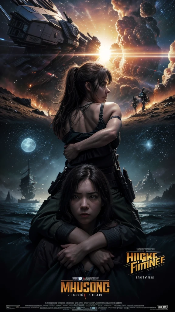 masterpiece in 8k, action movie poster, the protagonist hugs a girl, explosions, A planet, in front the title of the movie