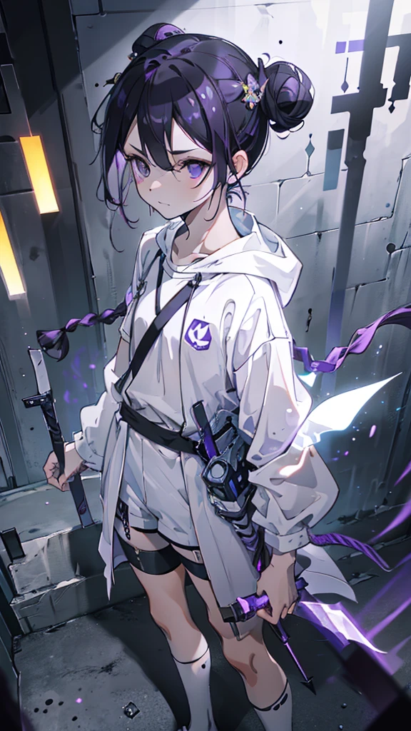 boy, thoughtful look, open forehead, black and purple hair braided into a ponytail on the left side in a bun. small curly black horns wrapped in white ribbon, pale violet eyes, short dark purple shorts. Long white t-shirt. dark purple knee socks. dark purple hooded robe, with a pattern of gold circles and a white robe on the inside. dark corridor with stairs, rays of light fall from above