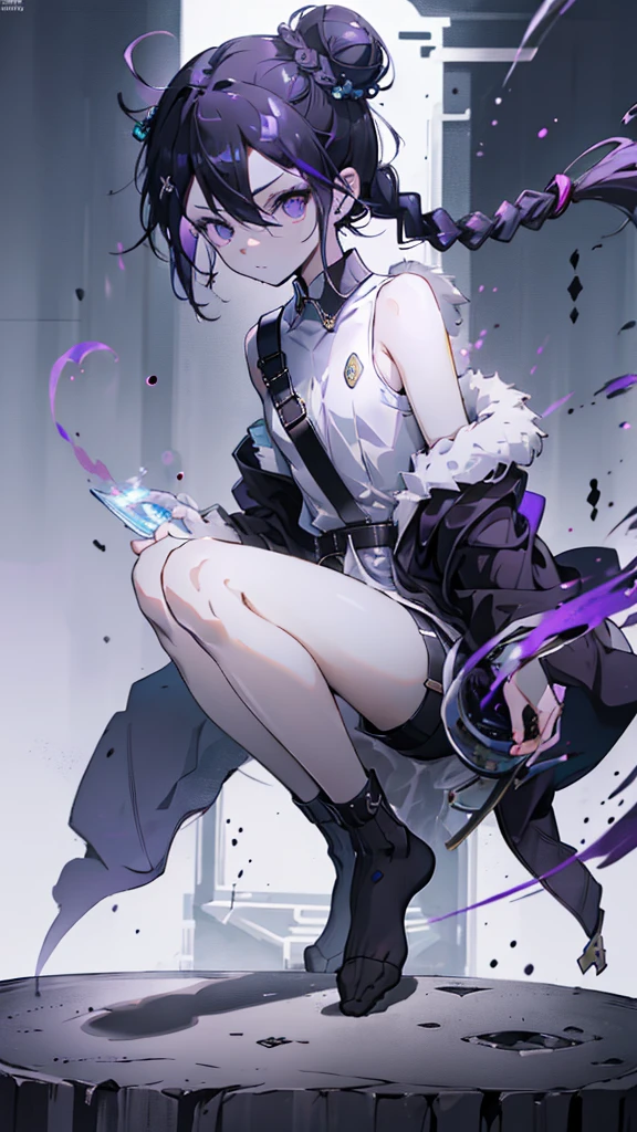 boy, thoughtful look, open forehead, black and purple hair braided into a ponytail on the left side in a bun. small curly black horns wrapped in white ribbon, pale violet eyes, short dark purple shorts. Long white t-shirt. dark purple knee socks. dark purple hooded robe, with a pattern of gold circles and a white robe on the inside. dark corridor with stairs, rays of light fall from above