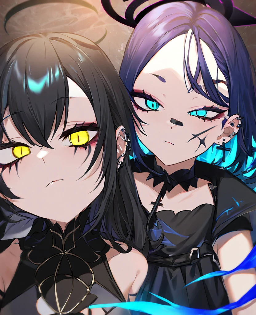 Make me a fallen angel girl. Big black angel wings and black halo. Left eye is purple with slit pupil, and right eye is yellow with a cross pupil. She's missing her left arm, which is wrapped in a bandage. Short, spiky dark blue hair that is teal underneath, the left side being longer and draping over her shoulder. Bridge nose piercing, a lip piercing under her bottom lip, on the left. A scar on her right cheek and many ear piercings, including helix. She wears a dark, gothic outfit. Dull and blank expression, surronded by blue flames. Only one person per photo.