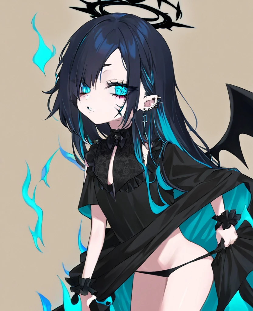 Make me a fallen angel girl. Big black angel wings and black halo. Left eye is purple with slit pupil, and right eye is yellow with a cross pupil. She doesn't have her left arm, which is wrapped in a bandage. Short, spiky dark blue hair that is teal underneath, the left side being longer and draping over her shoulder. Bridge nose piercing, a lip piercing under her bottom lip, on the left. A scar on her right cheek and many ear piercings, including helix. She wears a dark, gothic outfit. Dull and blank expression, surronded by blue flames.