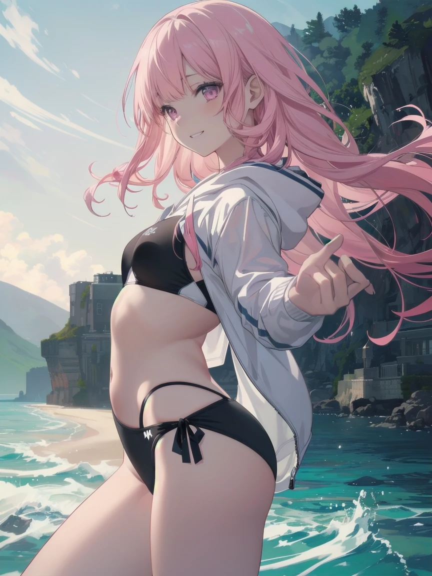 (masterpiece, best quality), ultra high resolution, (best quality photorealistic illustration), (ultra detailed), (cute illustration: 1.3), (high saturation: 1.2), detailed beautiful face and eyes, highly detailed background, dynamic lighting, (very delicate and beautiful), nice hands, perfect hands, (proper posture), (proper composition), ideal body proportions, ((single girl)),
solo, (reaching out), (front view: 1.2), dynamic angle, summer baucation,
date, (manga style), (line art_animation), (cowboy shot, best quality), (photo of laura bud: 1.2), (add details of laura: 1.0), 8k, flat color: 0.8,
single girl, grinning, (black swimsuit, bikini, wearing a white hoodie, sea background, 1.5), pink hair, long hair, beautifully detailed pink eyes, tall stature, skinny body,looking back, delighted