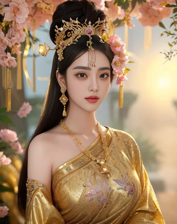 Aarav woman in a gold dress, with a gold crown and a gold necklace., Dilraba Dilmurat, Beautiful Fantasy Empress, traditional beauty, beautiful female princess, Southeast Asia that has existed for a long time, ((Beautiful Fantasy Empress)), Princess of an ancient Asian dynasty, Chinese princess, Thai girl anime, Southeast Asians with round faces, Niwan Chandra