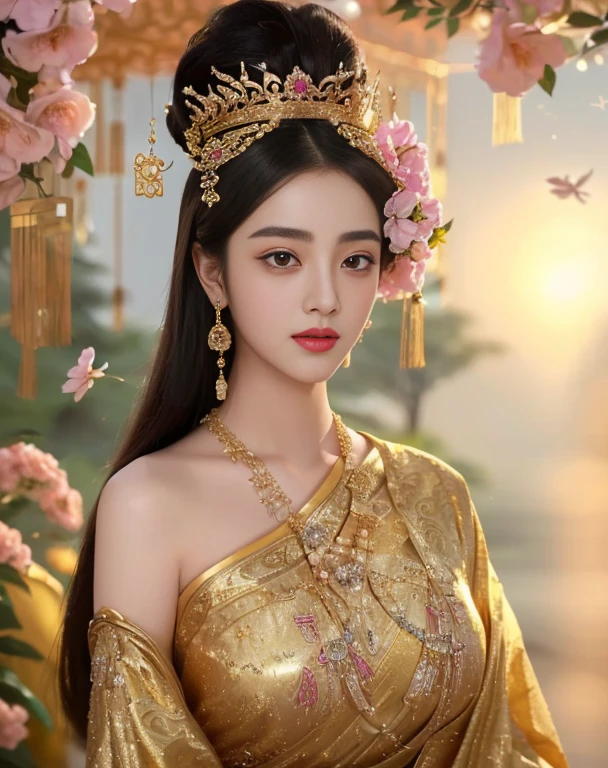 Aarav woman in a gold dress, with a gold crown and a gold necklace., Dilraba Dilmurat, Beautiful Fantasy Empress, traditional beauty, beautiful female princess, Southeast Asia that has existed for a long time, ((Beautiful Fantasy Empress)), Princess of an ancient Asian dynasty, Chinese princess, Thai girl anime, Southeast Asians with round faces, Niwan Chandra