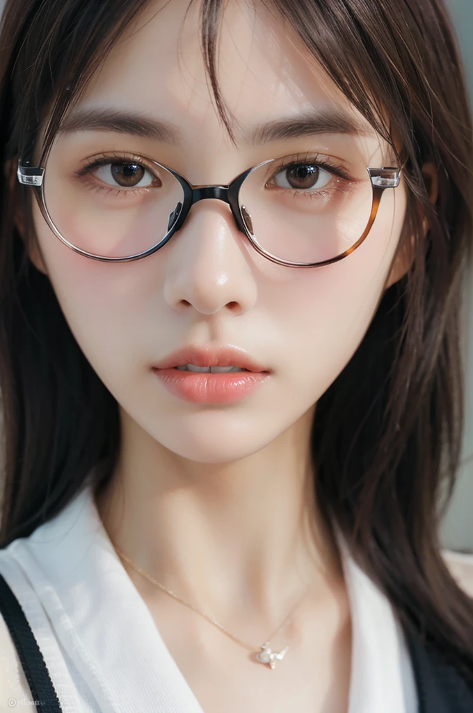 Beauty,wear glasses,close up,Exquisite and accurate facial features,The eyes are sharply focused,Black vest,Long hair,8K,Best quality,High Definition,Super Fine,Hyperrealism,Photo effects,Rich in details,Meticulous portrayal
