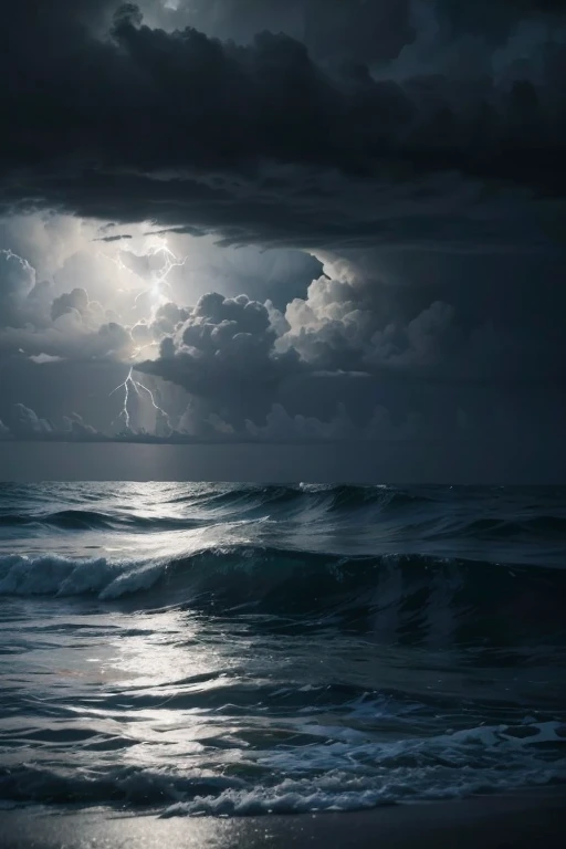 lightning storm in the middle of the ocean, with the roughest ocean that can exist and the big moon in the night sky, with no beach or land in sight