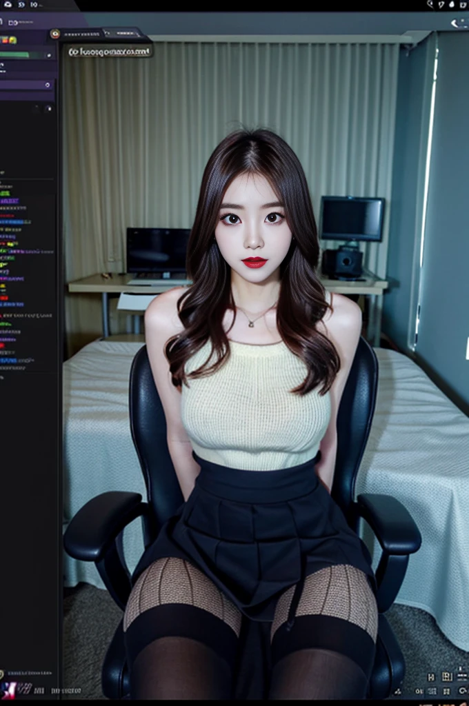 (Bird-eye perspective : 1.5), (((SFW : 1.2))), (intricate details:1.2), (masterpiece:1.3), (top quality:1.4), (Ultra A high resolution:1.2), 8K resolution, dark, (high quality), A woman is filming a Twitch broadcast, she is look happy, korean, 23 years old, fairly slim body, femme fatale makeup, slim waist, her legs is slim and beautiful, fan service, hair turned to one side, hair bang, she being weared sleeveless knit and mini skirt, wearing pantyhose in the skirt, this scene is Personal broadcast interface screen, BJ, female's Cam, on a private broadcast., Shooting equipment, various props, a Girl's Room for personal photography purposes, being sexy pose and dancing on the chair, cowboy shot, her gaze looking downward, she is talking funny with you, daincing, both elbow and arms up, shake the hip, she makes interesting reaction poses herself, microphone on a desk, Chat communication with viewers, Show chat log, Show viewers list, twitchchat, blackout curtain installed background, indirect light, language is Korean, 