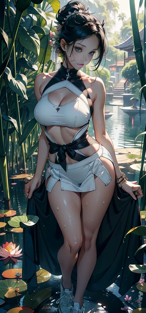1female,35yo,MILF,long leges,Big breasts Thin waist,Slim,huge-breasted ,Pornographic exposure, solo,(Background with:bamboo forrest,lotuses,lotus flower,exteriors,Lotus pond) She has short black hair,standing on your feet,Sweat profusely,drenched all over the body,seen from the front, hair straight, mostly cloudy sky,(((tmasterpiece),(Very detailed CG unity 8K wallpaper),best qualtiy,cinmatic lighting,detailed back ground,beatiful detailed eyes,Bright pupils,Black eyes,(Very fine and beautiful),(Beautiful and detailed eye description),ultra - detailed,tmasterpiece,)),facing at camera,A high resolution,ultra - detailed),revealing breasts,Bare genitals, Bulge,legs are open,Raised sexy,Camel toes,Flushed complexion,Open-mouthed,frontage,White floral headband,elementary student(Wearing:Sexy transparent fluffy skirt,athletic sneakers)The camera looks from the bottom up