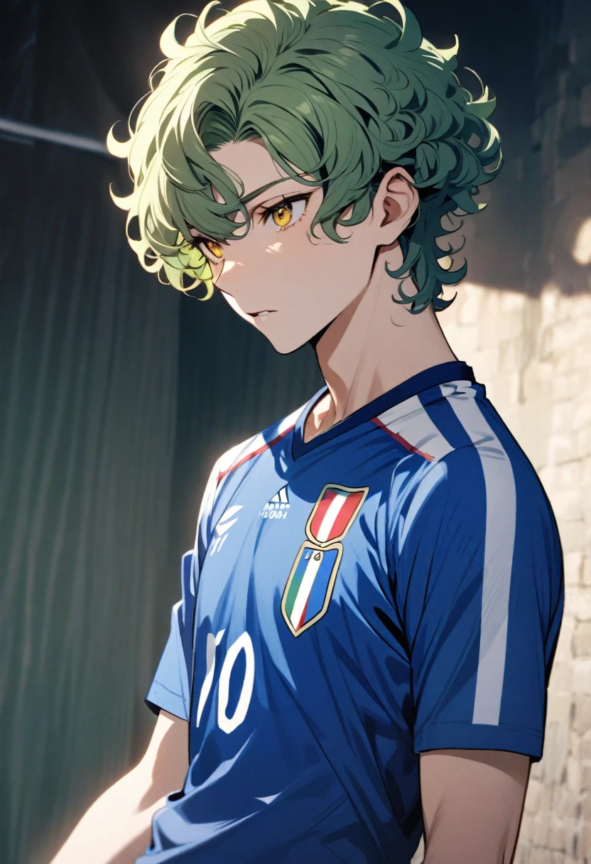 male, solo, short hair, curly hair, green hair, yellow eyes, soccer shirt, blue shirt, italy soccer shirt, innocent