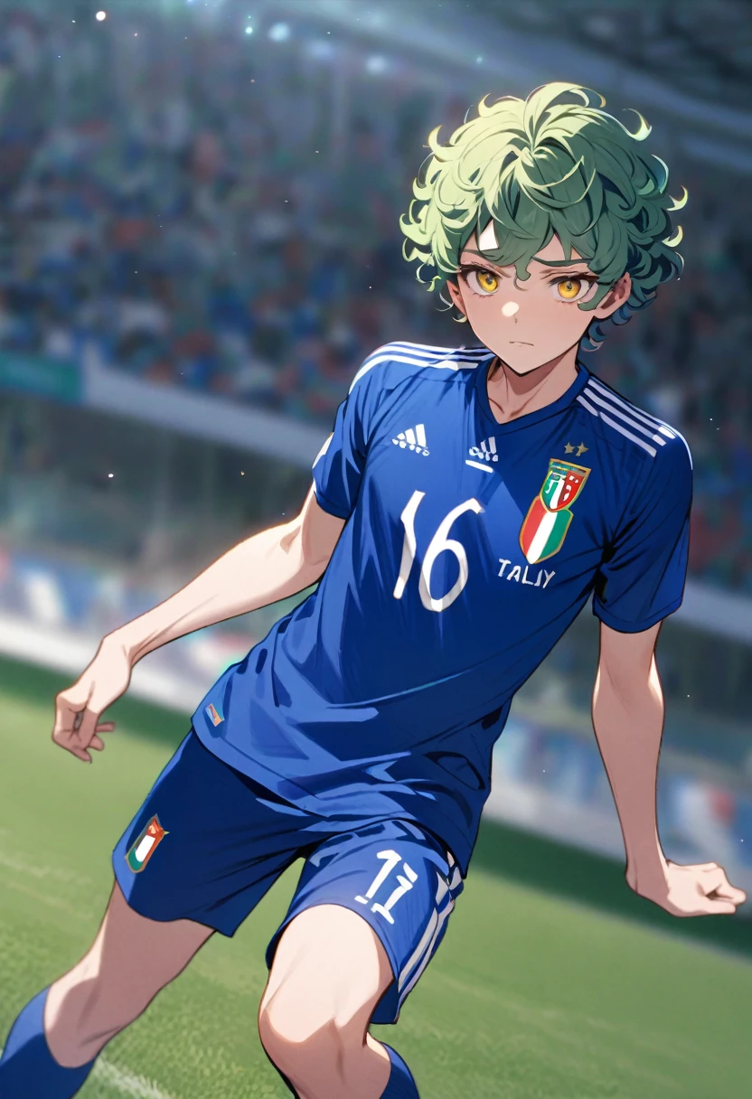 male, solo, short hair, curly hair, green hair, yellow eyes, soccer shirt, blue shirt, italy soccer shirt, innocent