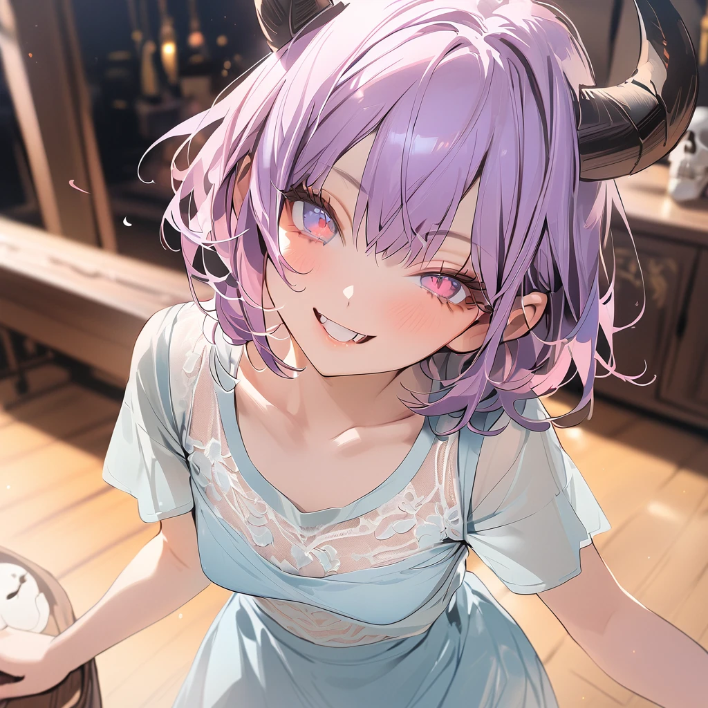 girl, solo, cowboy shot, short hair, purple hair, demon horns, expressive eyes, red eyes, multi-colored eyes, eyelashes, tsurime, winks with one eye, full length, skull, collarbone, lace T-shirt, light lace skirt, delicate style, pastel colors, graphic background, masterpiece, best quality, absurd, brilliant, attractive girl, daring, girl, sketchy, bold line drawing, soft blue pastel colors, smile, tooth, woodenart, wooden