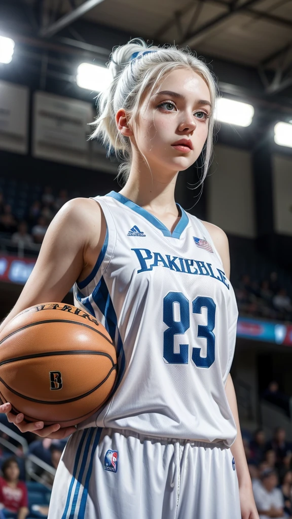 Female ager with white hair up, light blue eyes and white skin playing professional basketball 