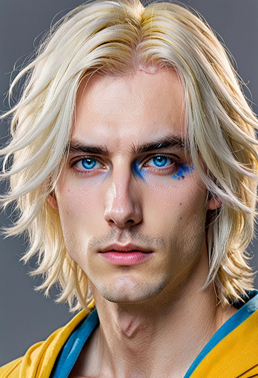 Seraphim,((male)), adult male, fluffy shoulder-length hair, white platinum blonde, ((heterochromia)), ((One eye — yellow)),((other eye — blue)), ((long square face)), thin lips, ((two strands of different shades of blue and yellow)), ((tired eyes with small bruises)),((scar along the face from lip to middle of cheek)), ((ultra quality)), ((8k)), detailed,Realistic, ((realistic style))