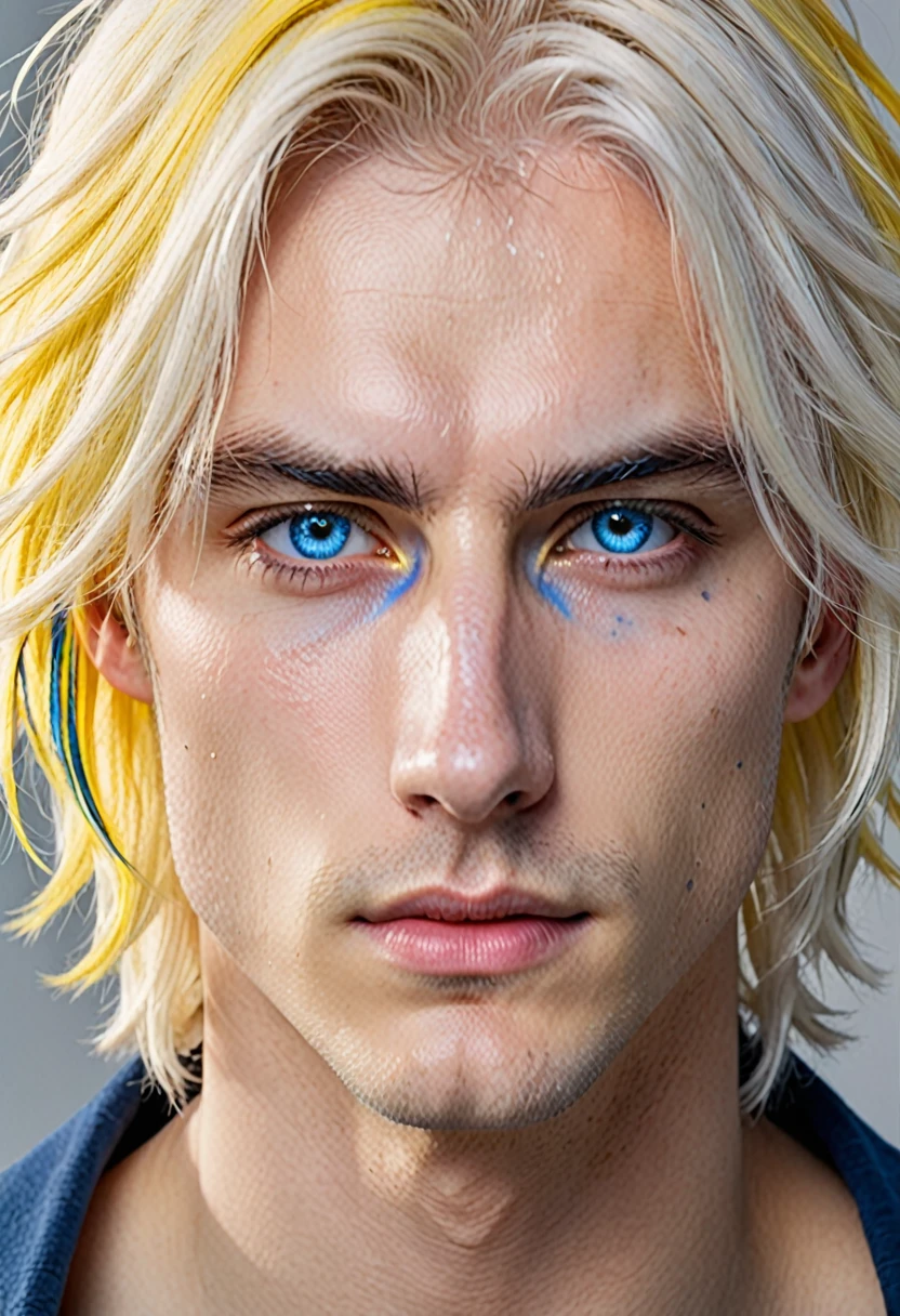 Seraphim,((male)), adult male, fluffy shoulder-length hair, white platinum blonde, ((heterochromia)), ((One eye — yellow)),((other eye — blue)), ((long square face)), thin lips, ((two strands of different shades of blue and yellow)), ((tired eyes with small bruises)),((scar along the face from lip to middle of cheek)), ((ultra quality)), ((8k)), detailed,Realistic, ((realistic style))