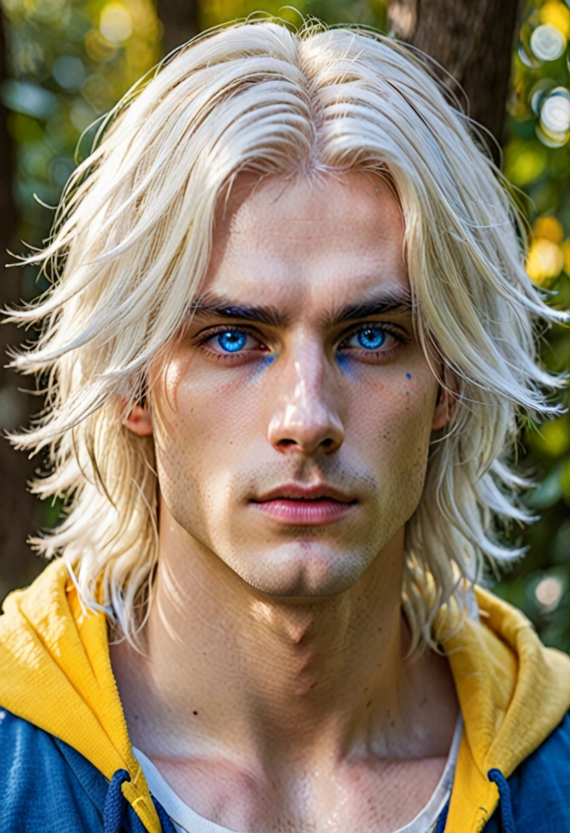 Seraphim,((male)), adult male, fluffy shoulder-length hair, white platinum blonde, ((heterochromia)), ((One eye — yellow)),((other eye — blue)), ((long square face)), thin lips, ((two strands of different shades of blue and yellow)), ((tired eyes with small bruises)),((scar along the face from lip to middle of cheek)), ((ultra quality)), ((8k)), detailed,Realistic, ((realistic style))