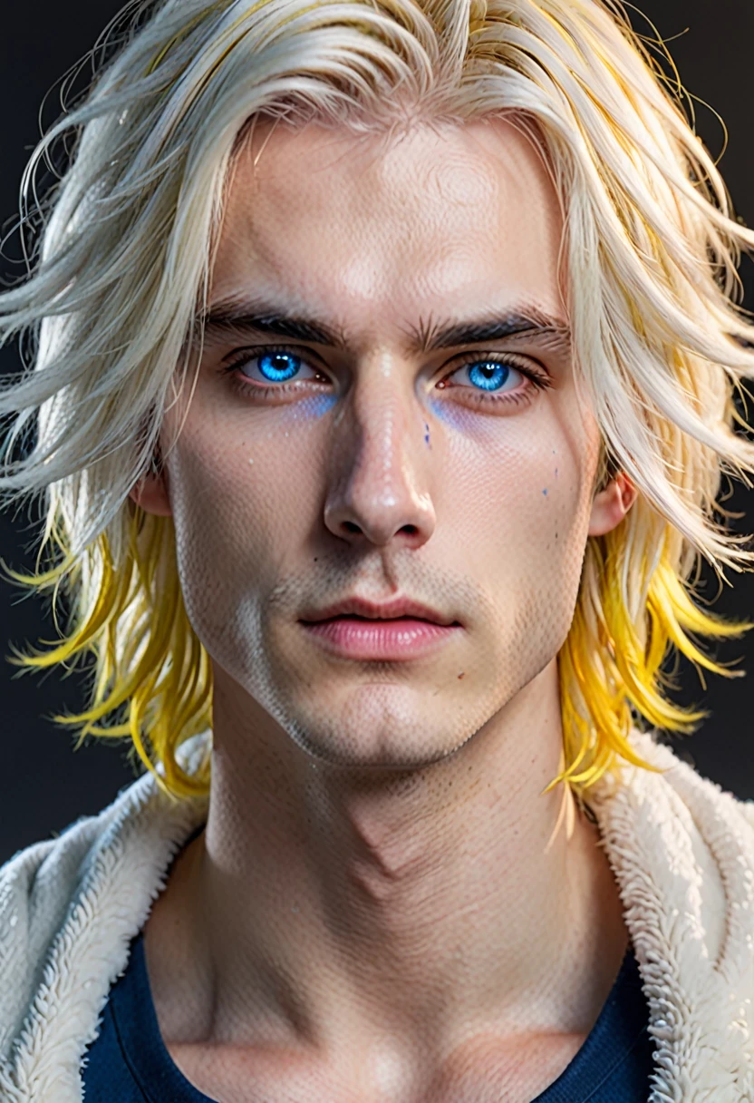 Seraphim,((male)), adult male, fluffy shoulder-length hair, white platinum blonde, ((heterochromia)), ((One eye — yellow)),((other eye — blue)), ((long square face)), thin lips, ((two strands of different shades of blue and yellow)), ((tired eyes with small bruises)),((scar along the face from lip to middle of cheek)), ((ultra quality)), ((8k)), detailed,Realistic, ((realistic style))