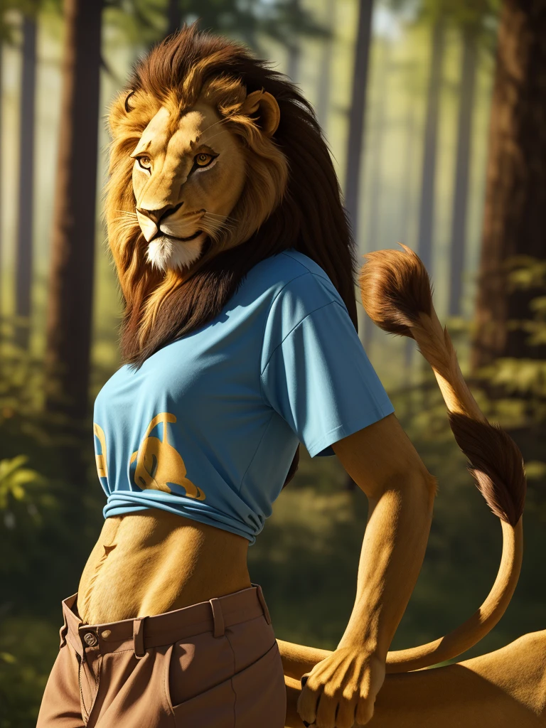 Posing, Female, cute, eyeliner, dreadlock hair, biting lip smile, blue shirt, bedroom eyes, anthro, lion ears, (brown fur:1.5), baggy shirt, lion, forest background, 8k, hi res, (best quality, masterpiece), red eyes, (lion tail:1.5)