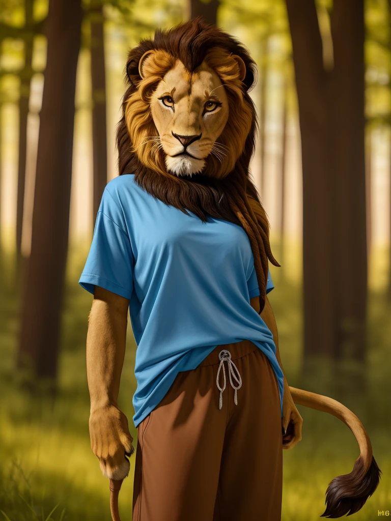 Posing, Female, cute, eyeliner, dreadlock hair, biting lip smile, blue shirt, bedroom eyes, anthro, lion ears, (brown fur:1.5), baggy shirt, lion, forest background, 8k, hi res, (best quality, masterpiece), red eyes, (lion tail:1.5)