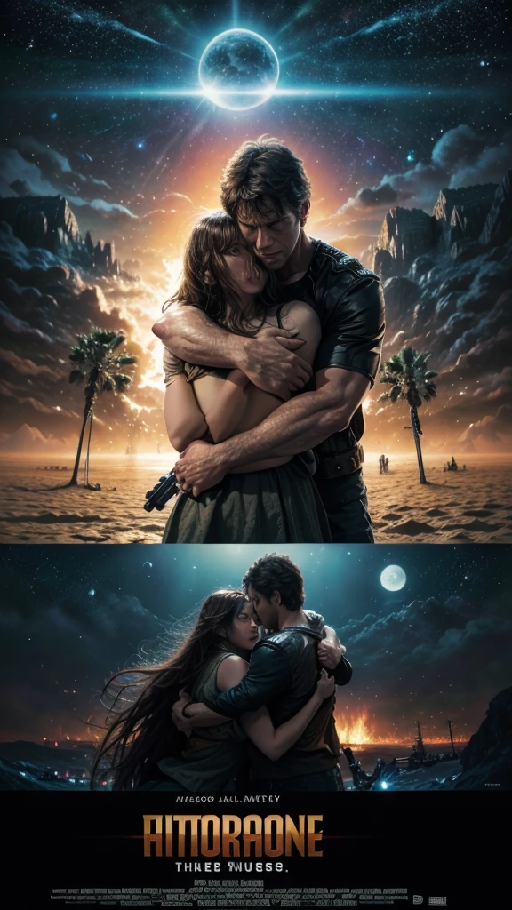 masterpiece in 8k, action movie poster, the protagonist hugs a girl, explosions, A planet, in front the title of the movie