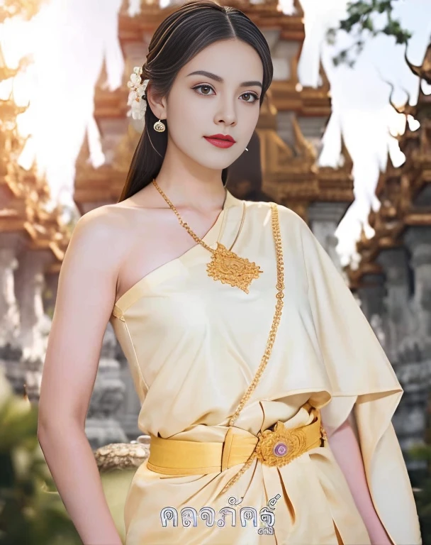 Aarav woman in a gold dress, with a gold crown and a gold necklace., Dilraba Dilmurat, Beautiful Fantasy Empress, traditional beauty, beautiful female princess, Southeast Asia that has existed for a long time, ((Beautiful Fantasy Empress)), Princess of an ancient Asian dynasty, Chinese princess, Thai girl anime, Southeast Asians with round faces, Niwan Chandra