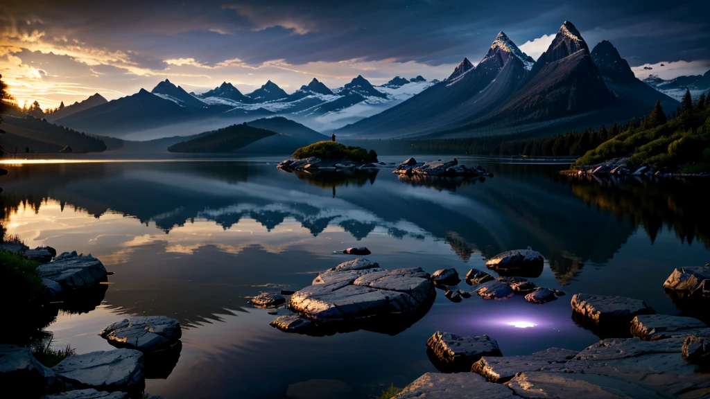 a peaceful dark landscape, calm lake with rocks and mountains, (best quality,4k,8k,highres,masterpiece:1.2),ultra-detailed,(realistic,photorealistic,photo-realistic:1.37),dramatic lighting, moody atmosphere, serene, tranquil, atmospheric, cinematic, mountains silhouetted against a starry night sky, still water reflecting the sky, jagged rocks along the shore, lush greenery surrounding the lake, (cinematic lighting:1.2),(dramatic shadows:1.1),muted color palette, deep blues and purples
